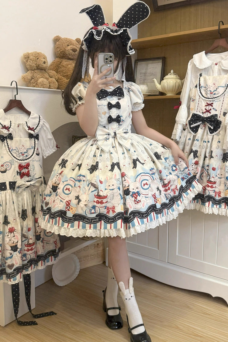 Beige Mystery Rabbit Tea Party Square Collar Short Sleeves Print Ruffle Bowknot Lace Sweet (Dress Only) detail view 5