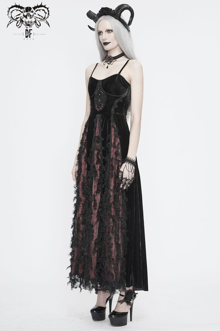 Red Front Chest Decals Dense Velvet Long Women's Gothic Sling Dress - Product - 5