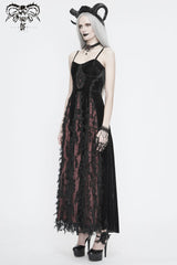 Red Front Chest Decals Dense Velvet Long Women's Gothic Sling Dress - Product - 5