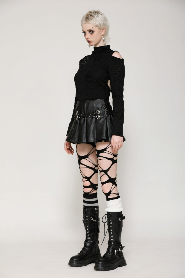 Black Long Sleeves Cut-Out Ripped Zippered Eyelets Women's Punk Distressed Top - Product - 2