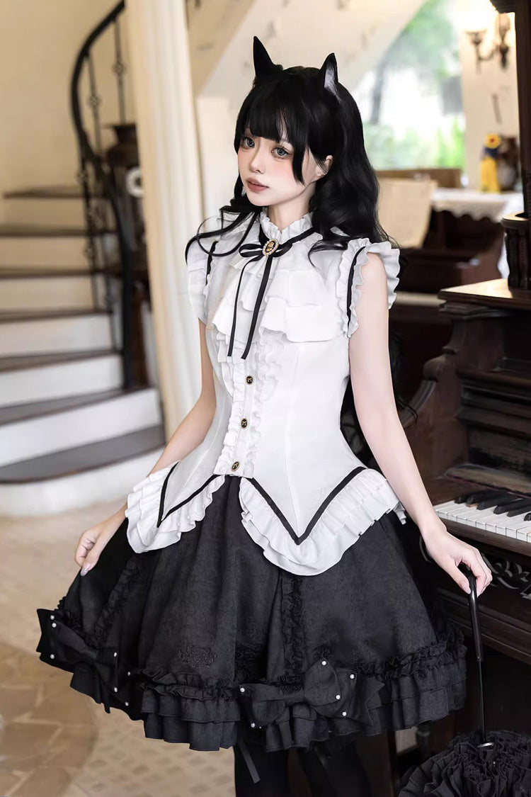 Black/White [Miss Black Cat] Sleeveless Printed Ruffled Sweet Princess Ballet Lolita Skirt Set - Product - 2