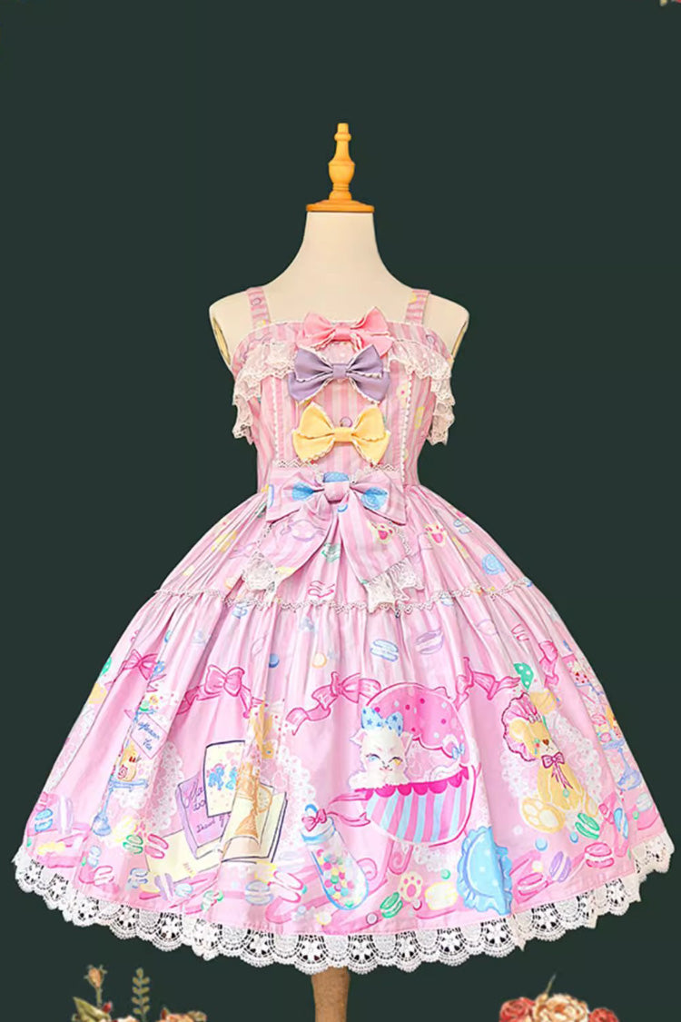 Pink [Macaron Dolly House] Sleeveless Print Bowknot Sweet Lolita Jsk Dress - Product - 3