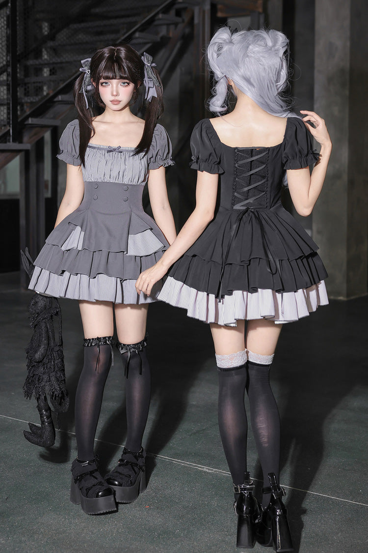 Classic Square Collar Halterneck Short Sleeves Triple-Layered Printed Ruffled Bow Cool Lolita Dress Set 2 Colors(Black, Grey) - Product - 3