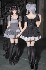 Classic Square Collar Halterneck Short Sleeves Triple-Layered Printed Ruffled Bow Cool Lolita Dress Set 2 Colors(Black, Grey) - Product - 3