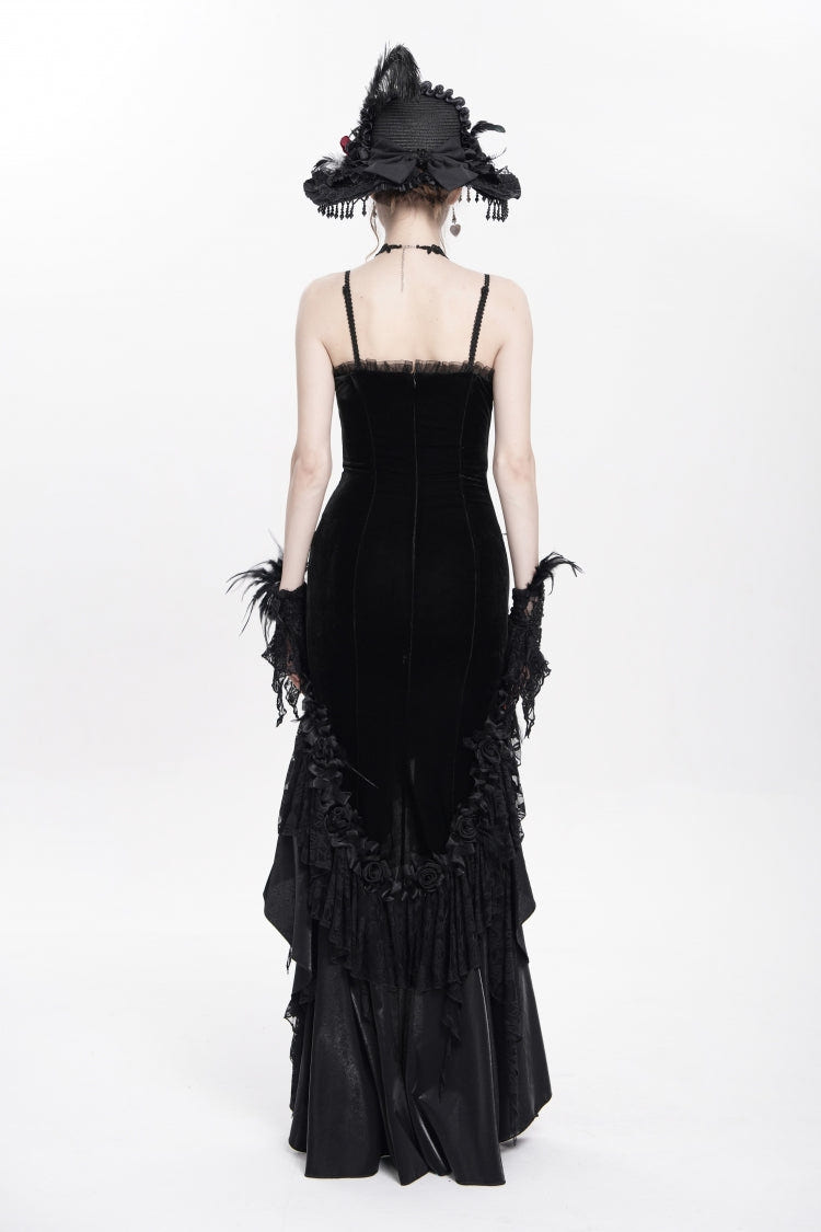 Black Sleeveless Cross Ruffled Floral Embroidered Chain-Decorated Women's Gothic Long Slip Dress - Product - 4