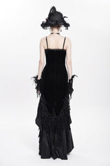 Black Sleeveless Cross Ruffled Floral Embroidered Chain-Decorated Women's Gothic Long Slip Dress - Product - 4