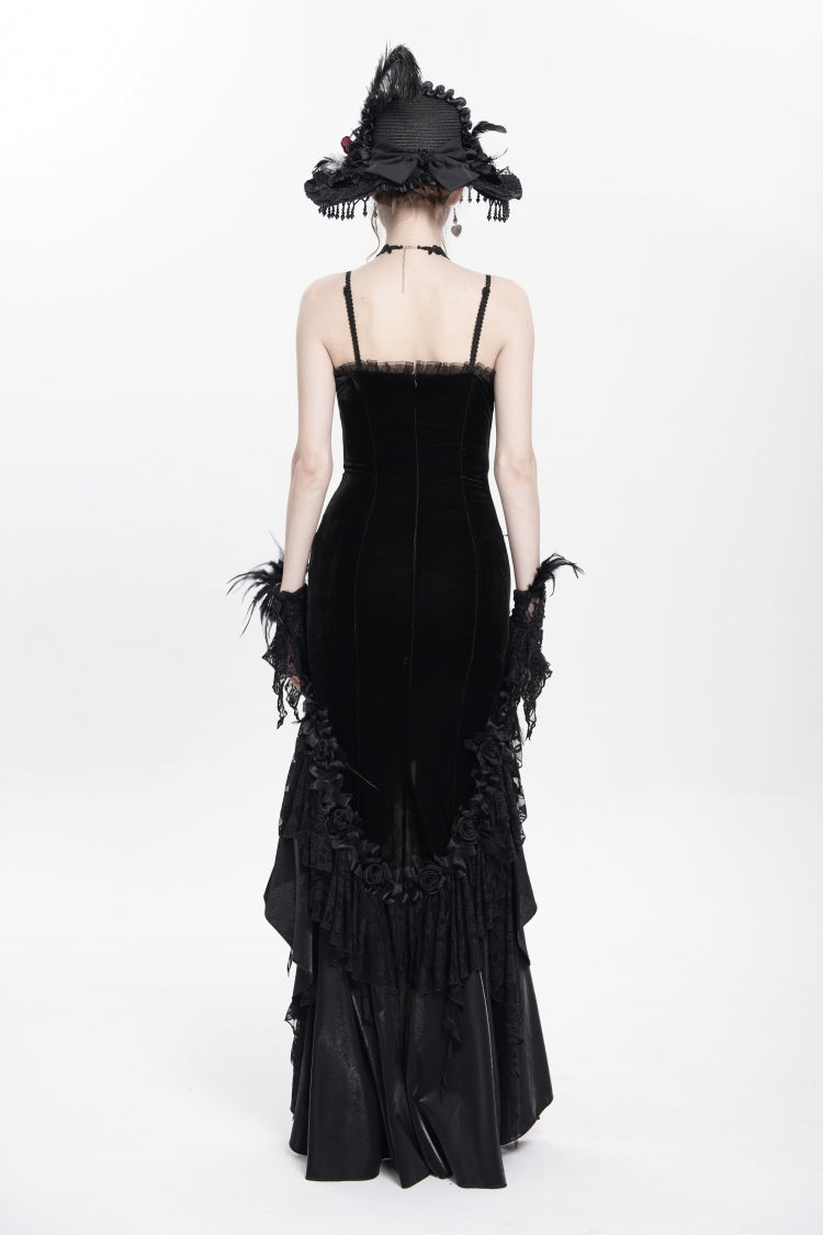 Black Sleeveless Cross Ruffled Floral Embroidered Chain-Decorated Women's Gothic Long Slip Dress - Product - 4