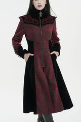 Red Jacquard Studded Mushroom Buckle Metal Cross Embroidered Women's Gothic Coat - Red - 1