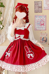 Red High Waisted Ruffled Hem Bowknot Sweet Lolita JSK Dress - Product - 4