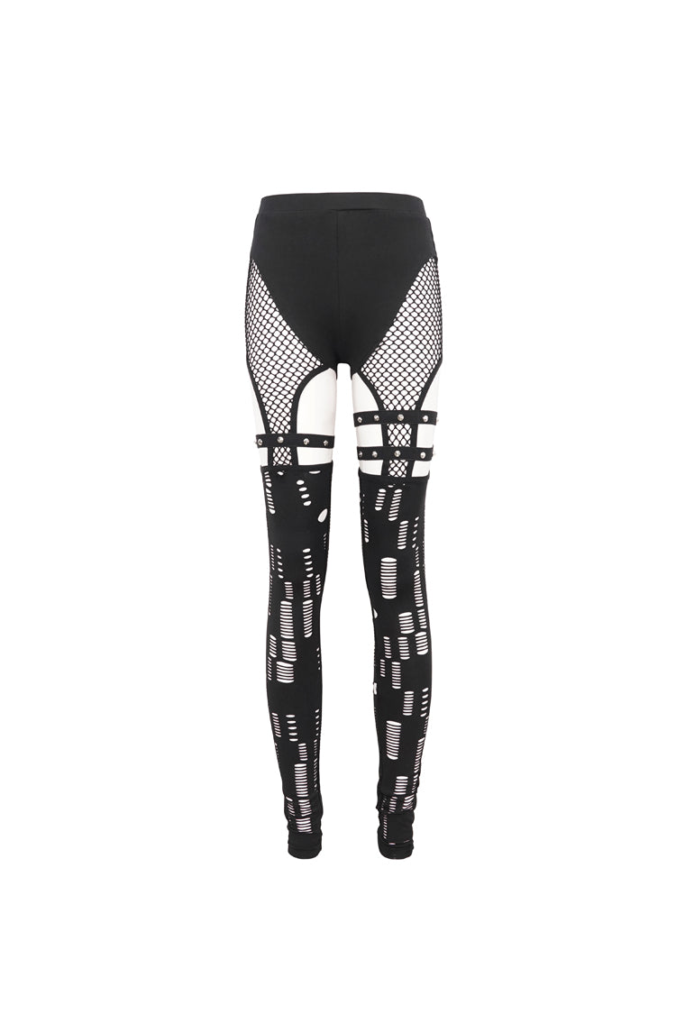 Black Elastic Asymmetrical Hole Knit Stitching Mesh Women's Punk Leggings - Product - 6