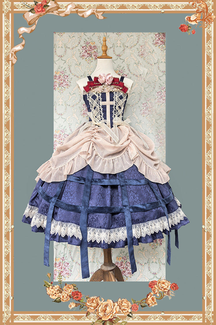 [Lilith’s Cage] Sleeveless Print Ruffle Bowknot Lace-Up Gothic Elegant Lolita Jsk Dress 2 Colors - Product - 9