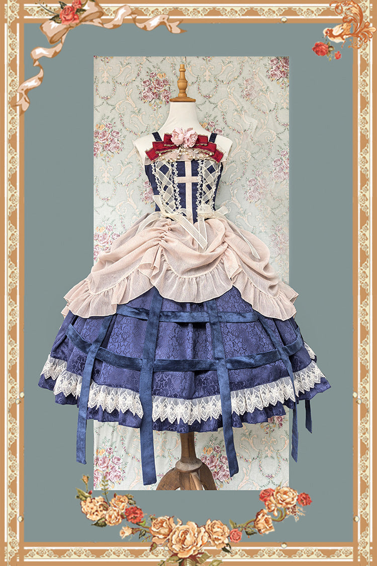 [Lilith’s Cage] Sleeveless Print Ruffle Bowknot Lace-Up Gothic Elegant Lolita Jsk Dress 2 Colors - Product - 9