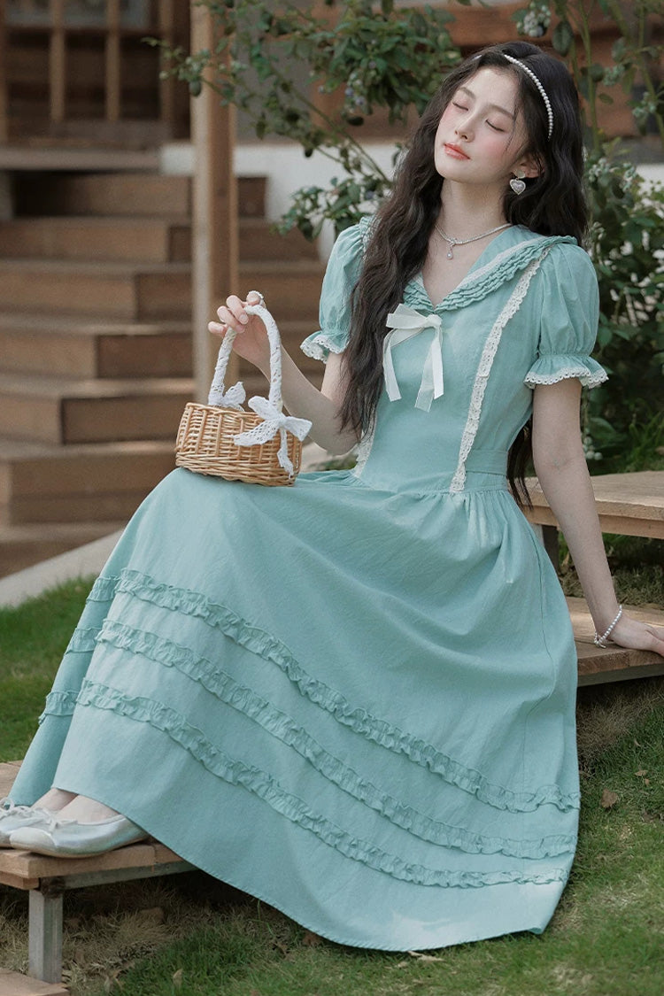 Lake Blue V Collar Short Puff Sleeves Ruffled Lace Sweet College Style Lolita Dress - Product - 10