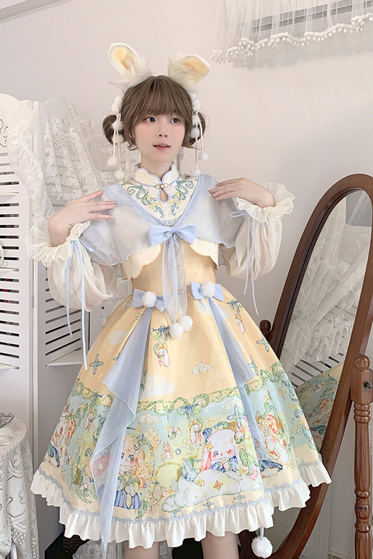 Multi-Color Fairy Rabbit Print Ruffle Bowknot Sweet Chinese Style Princess Lolita Dress - Product - 4