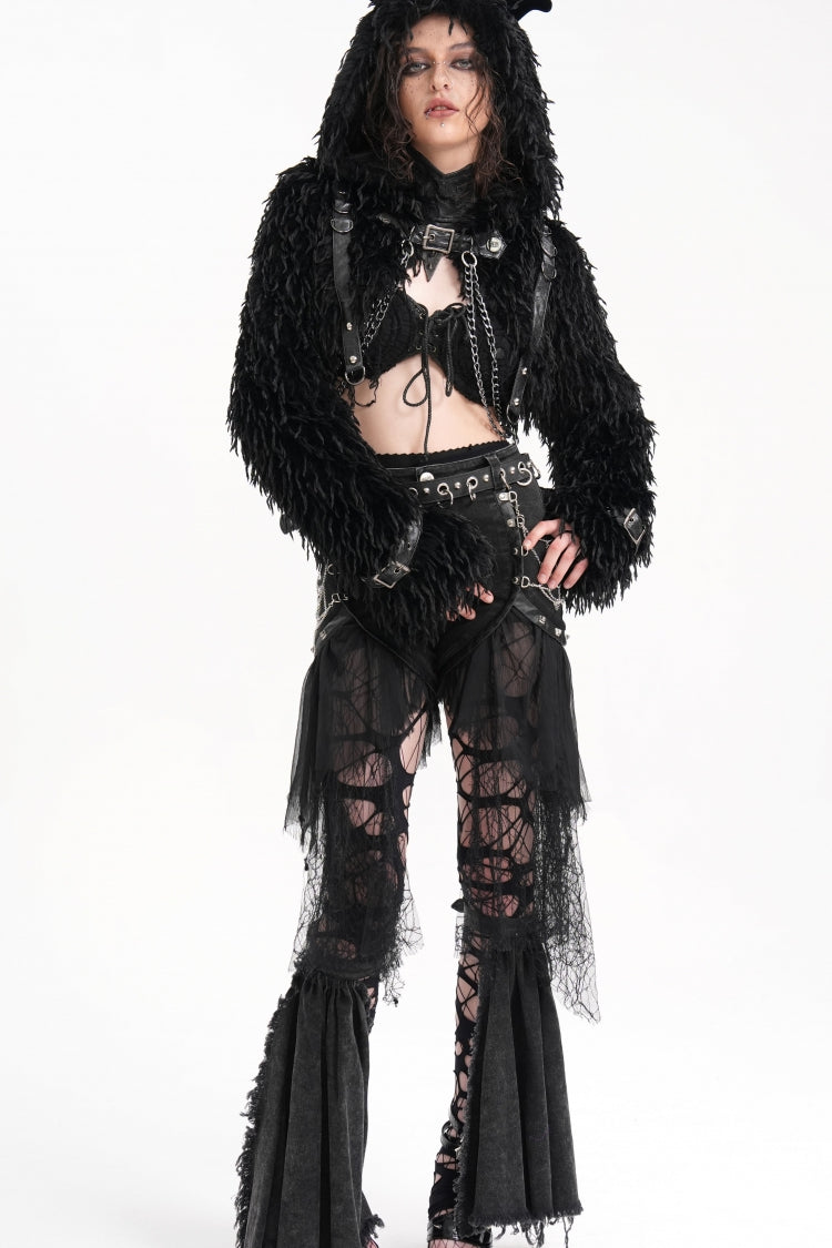 Black Long Sleeves Hooded Women's Gothic Chain Buckle-up Horn Cape - Product - 6