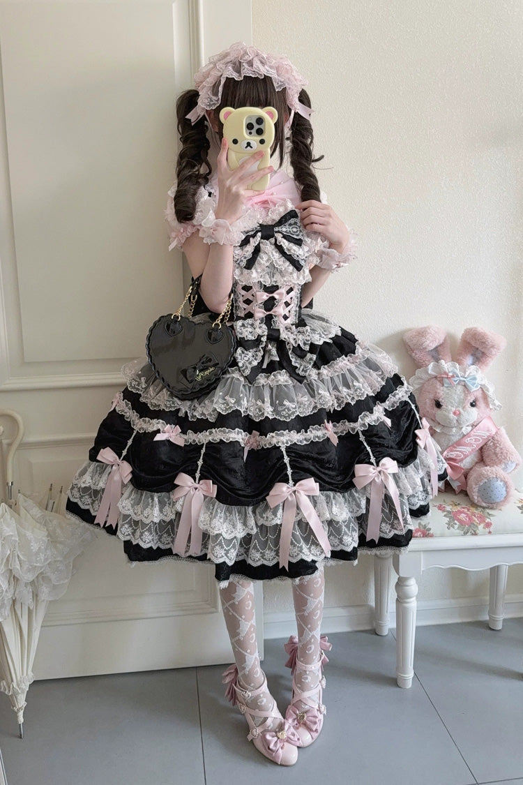 Black/Pink [Silk Satin Gift Box] Square Collar Sleeveless Multi-Layered Ruffled Bow Lace Sweet Lolita Jsk Dress - Product - 5