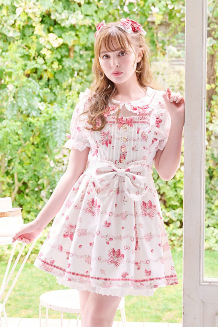 White [Creamy Berry] Print Short Puff Sleeves Ruffle Bowknot Lace-Up Sweet Jirai Kei Japanese Dress - White - 1