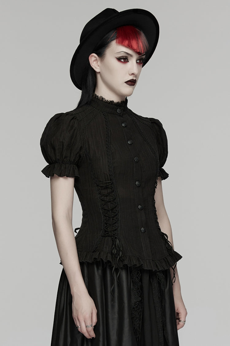 Black Stand Collar Short Puff Sleeves Ruffled Lace-Up Women's Gothic Blouse - Product - 2