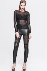 Black Spiderweb Jacquard Classic Style Round Collar Long Sleeves Mesh Women Gothic T-Shirt - Product - 7