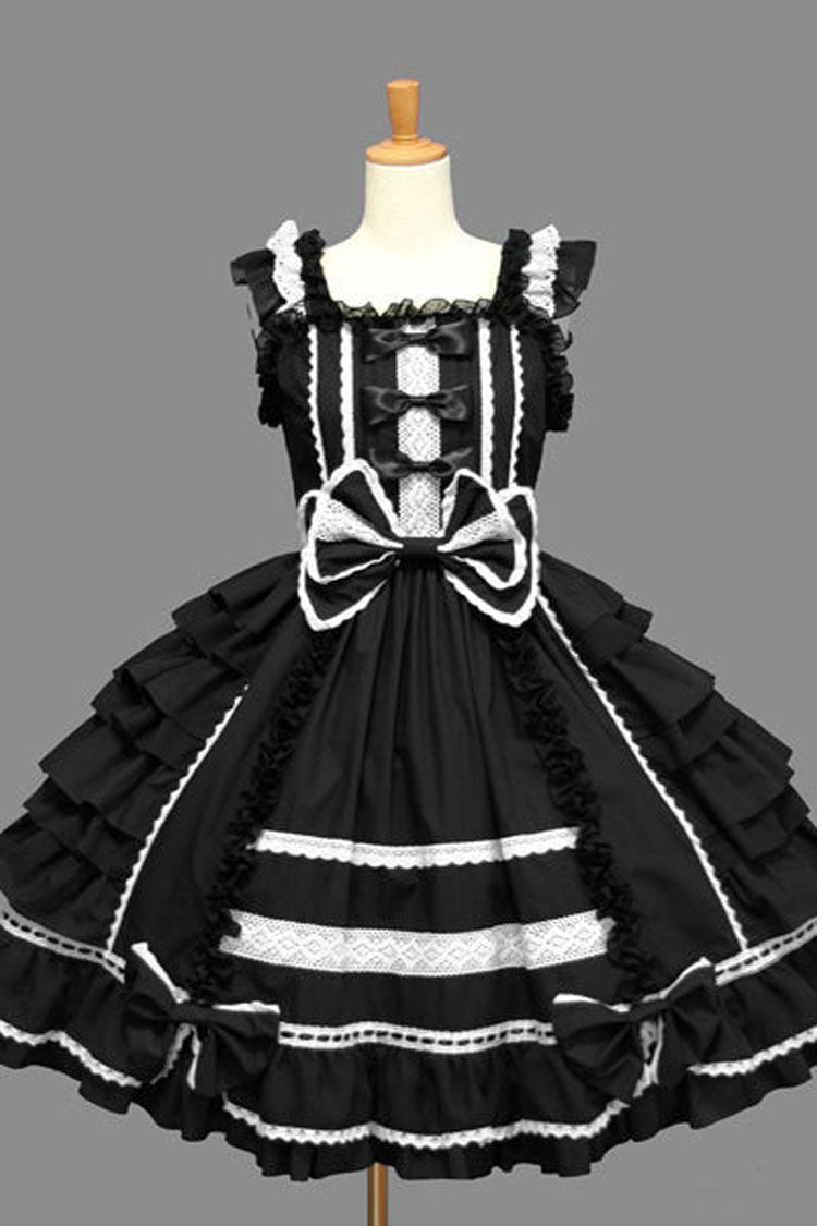 Color Stitching Lace Square Neck Cap Sleeve Knee Length Ruffled Bowknot Classic Lolita Dress - Black - 2