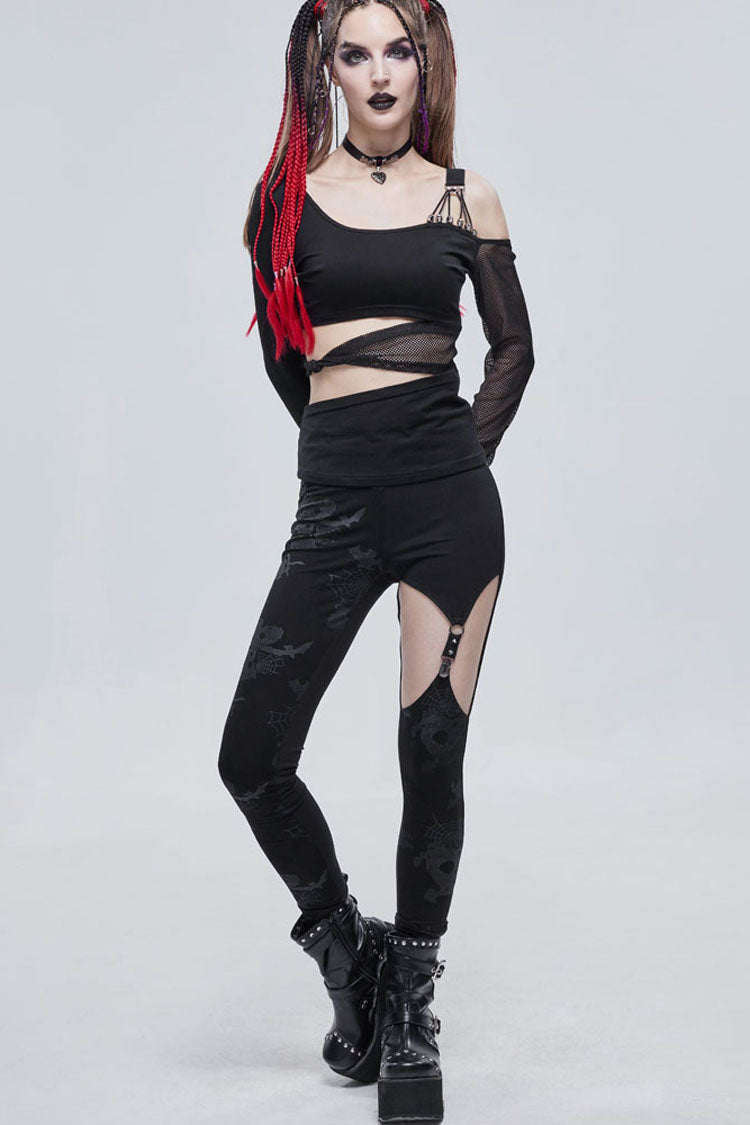 Black Gothic Ripped Spider Web Print Asymmetric Belt Buckle Decoration Women's Leggings - Product - 5