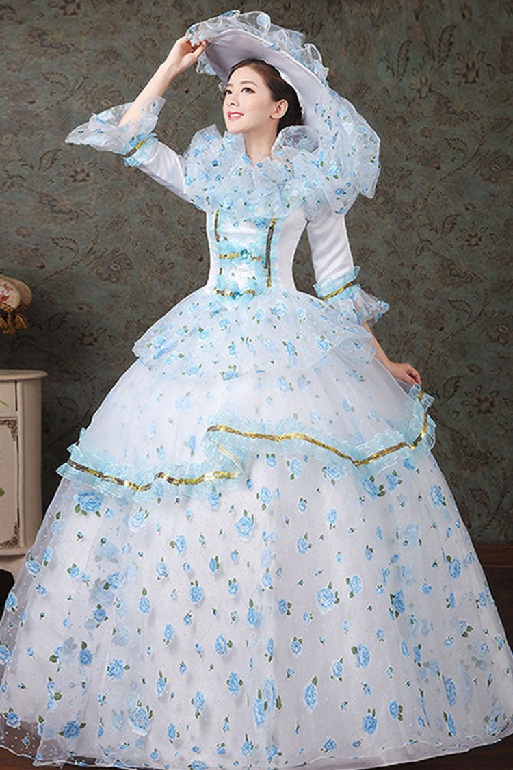 Half Sleeves Diamond Button High Waisted Hollow Embroidery Floral Print Multi-Layer Victorian Lolita Prom Dress - Blue - 8