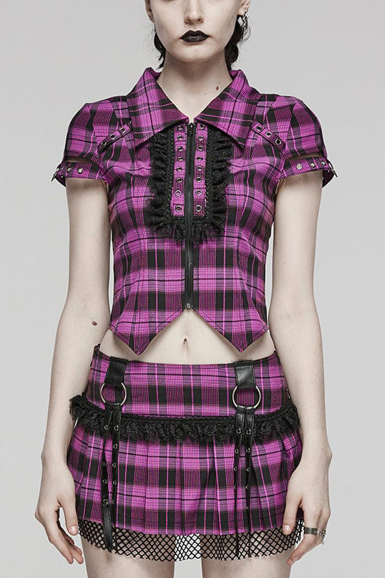 Women's Short Sleeves Plaid Print Hollow Lace Steampunk Blouse 2 Colors - Black/Purple - 1