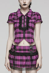 Women's Short Sleeves Plaid Print Hollow Lace Steampunk Blouse 2 Colors - Black/Purple - 1