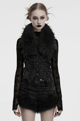 Black Halterneck Sleeveless Jacquard Women's Gothic Vest with Faux Fur Collar - Black - 1