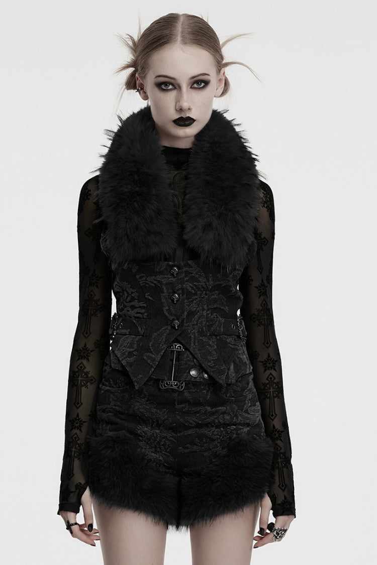 Black Halterneck Sleeveless Jacquard Women's Gothic Vest with Faux Fur Collar - Black - 1