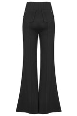 Black Stretch-Knit Paneled Faux Leather Waistband Ghost Button Flared Women's Punk Pants - Product - 7
