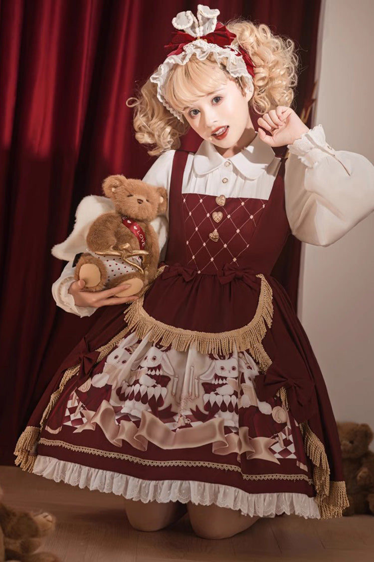 Red Doll Collar [Bunny Reading Club] Print Ruffle Lace Fake Two Pieces Sweet Princess Lolita Dress - Product - 4