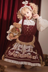 Red Doll Collar [Bunny Reading Club] Print Ruffle Lace Fake Two Pieces Sweet Princess Lolita Dress - Product - 4