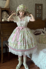 Pink/Green [Bamboo Rabbit] Peter Pan Collar Short Sleeves Printed Ruffled Embroidered Bow Sweet Lolita Dress - Product - 9