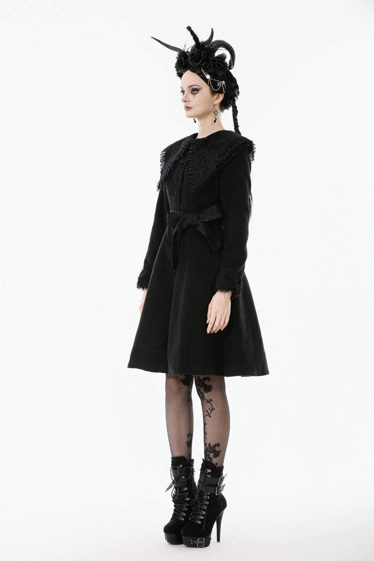 Black Floral Embroidered Peter Pan Collar Long Sleeves Bowknot Women's Gothic Coat - Product - 11