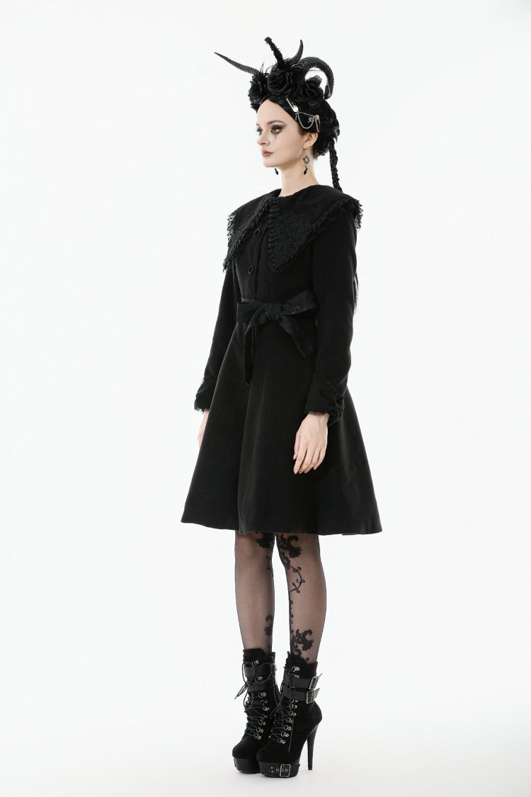 Black Floral Embroidered Peter Pan Collar Long Sleeves Bowknot Women's Gothic Coat - Product - 11