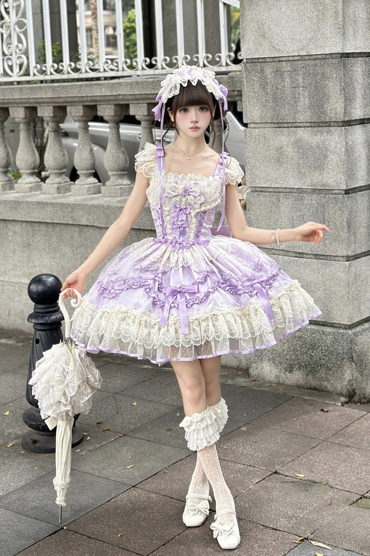 Purple [Dreaming Butterfly] Multi-Layered Jacquard Ruffle Bowknot Lace Sweet Princess Lolita Jsk Dress - Product - 9
