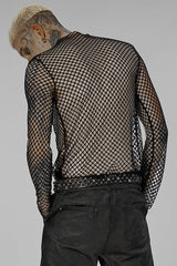 Black Punk Mesh See Through Sexy Long Sleeve Men's T-Shirt - Product - 3