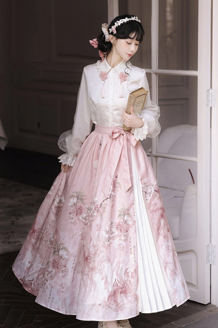 White/Pink [Cherry Blossom Rain] Lapel Collar Long Sleeves High Waisted Printed Women's Sweet Hanfu Dress Set - Product - 3