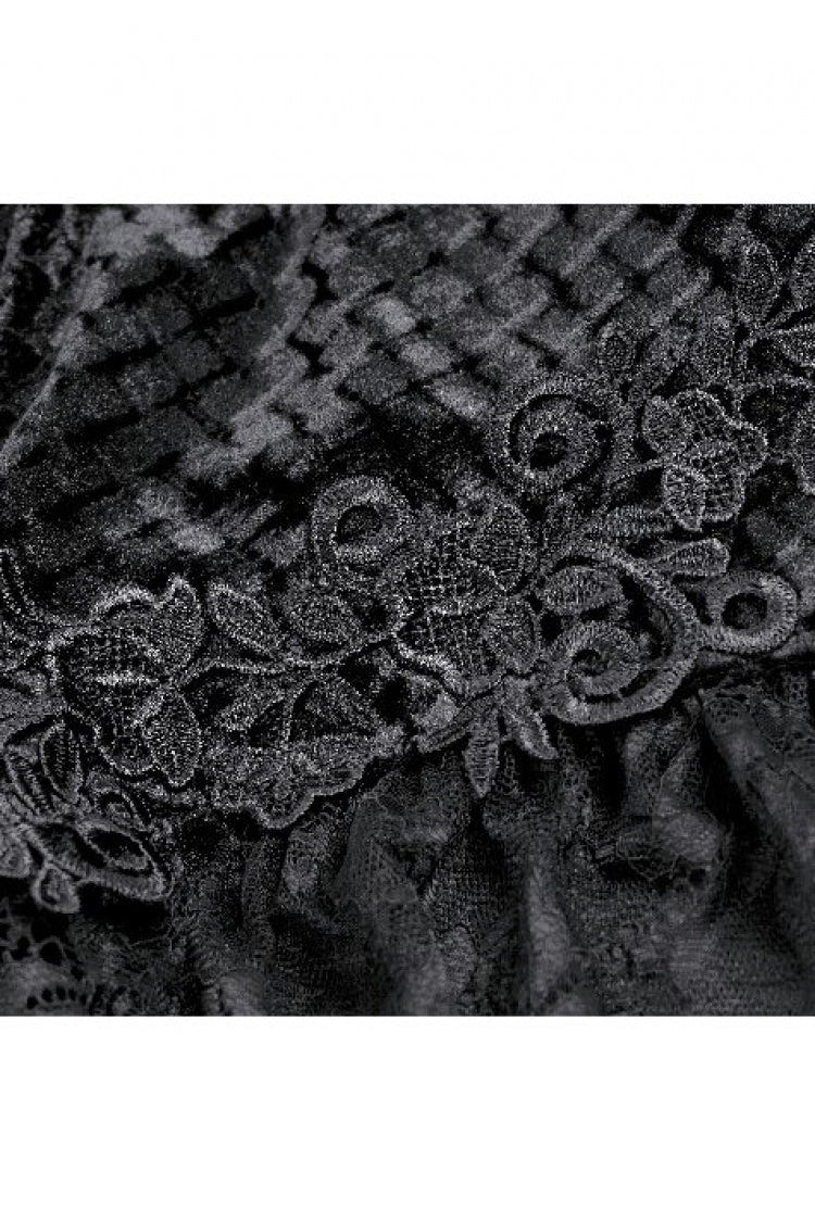 Black Women's Gothic Floral Embossed Velvet Shorts with Sheer Lace Trim - Product - 12