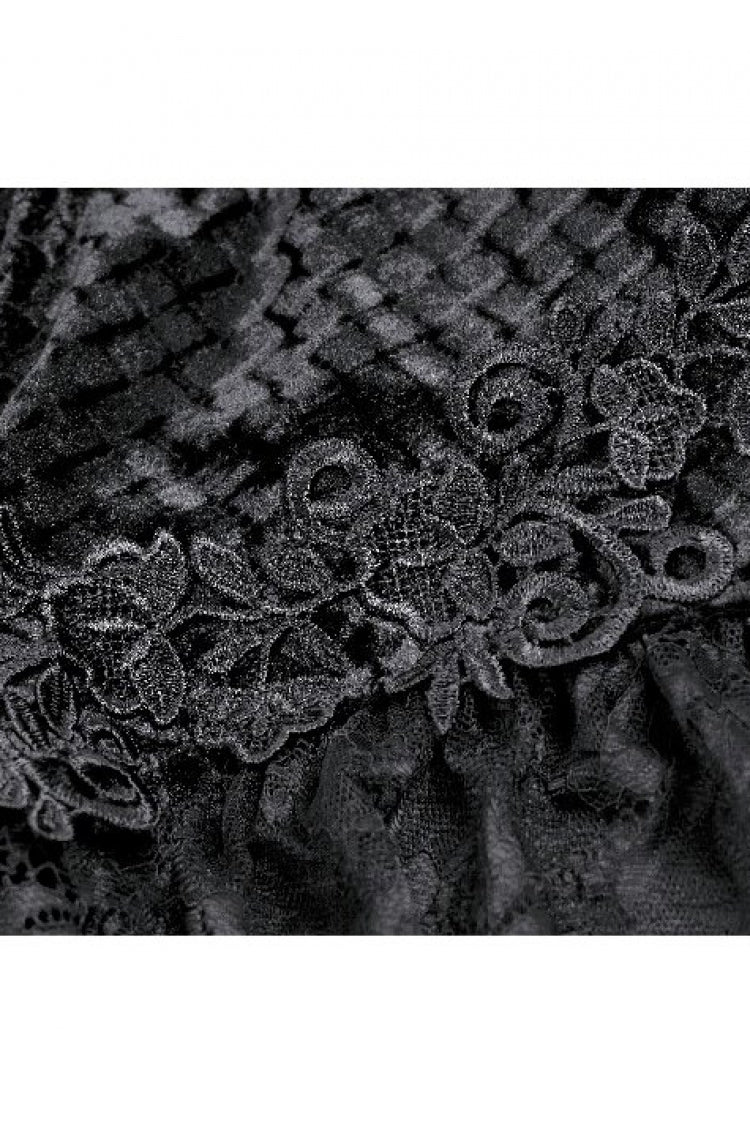 Black Women's Gothic Floral Embossed Velvet Shorts with Sheer Lace Trim - Product - 12