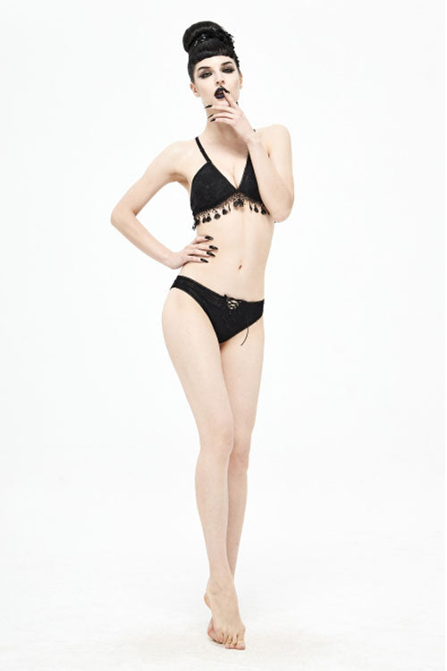Black Dark Grain Jacquard Tassel Lace Up Gothic Swimsuit - Product - 9