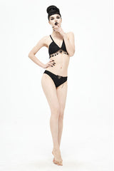 Black Dark Grain Jacquard Tassel Lace Up Gothic Swimsuit - Product - 9