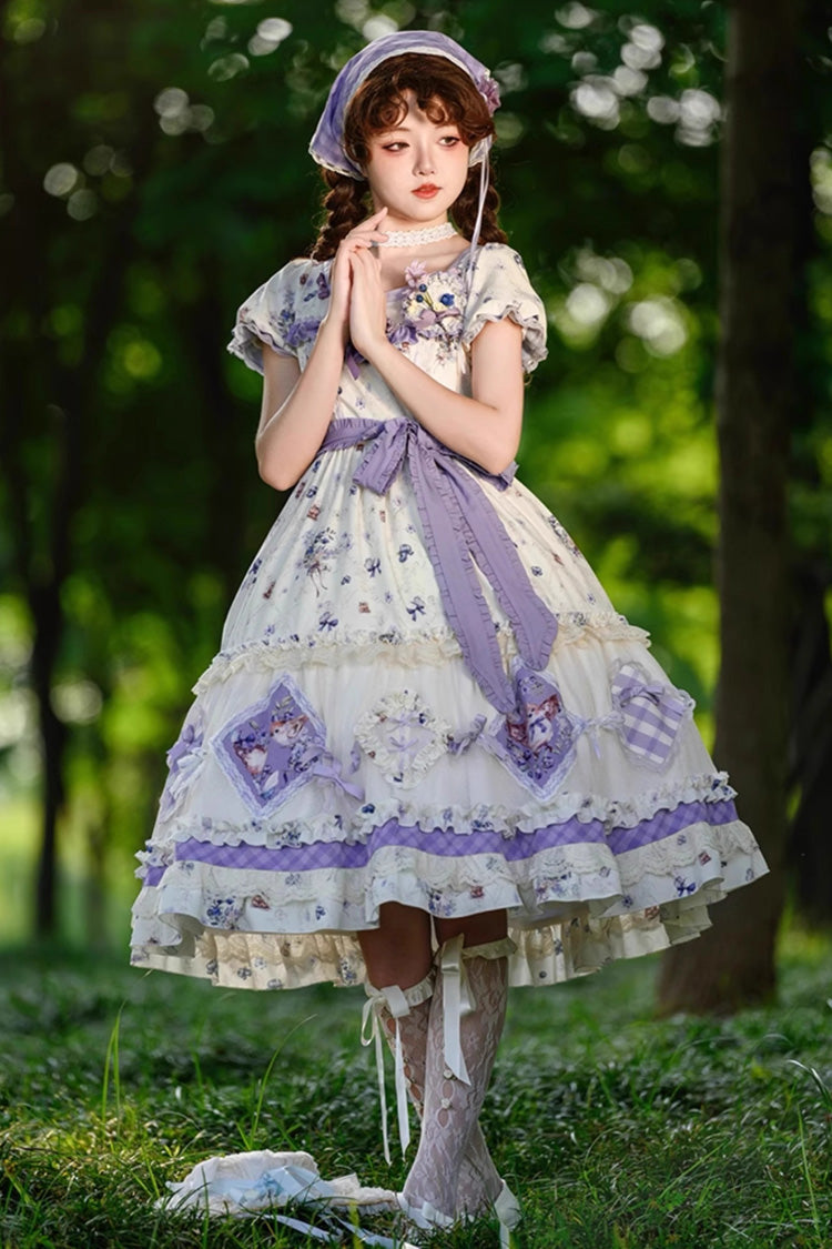 Purple/Ivory Blueberry Pie Print Short Sleeves Ruffle Bowknot Sweet Lolita Dress - Product - 5