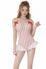 White/Red Square Collar Sleeveless Polka Dots Printed Ruffled Bow Sweet Lolita One-piece Swimsuit - White/Red - 1