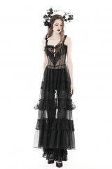 Black Sleeveless Hearted Multi-Layered Lace Split Sheer Mesh Women's Gothic Maxi Slip Dress - Product - 7