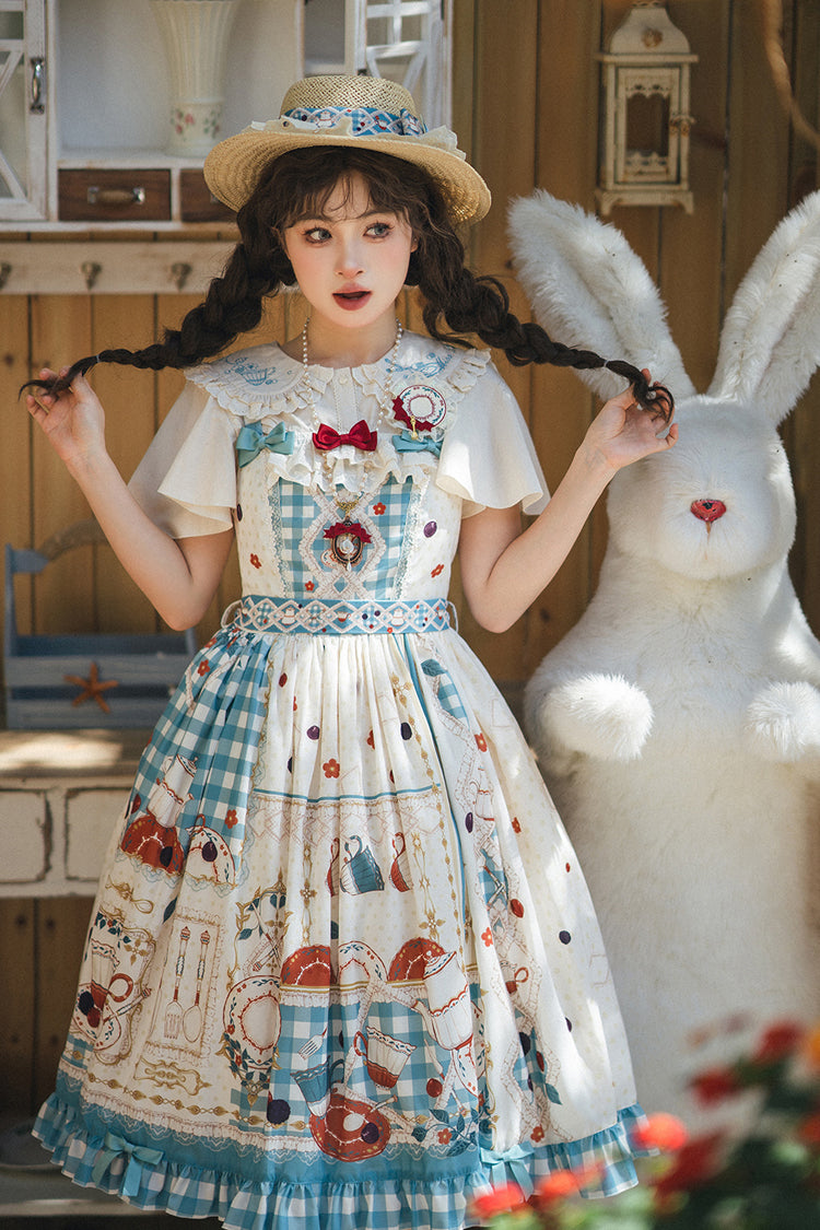 Blue/Green [Tea Party] Print Ruffle Bowknot Lace Sweet Elegant Lolita Jsk Dress - Product - 12