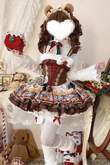 Brown [Candy House] Multi-Layered Print Ruffle Bowknot Lace-Up Sweet Ballet Lolita Jsk Dress - Product - 7
