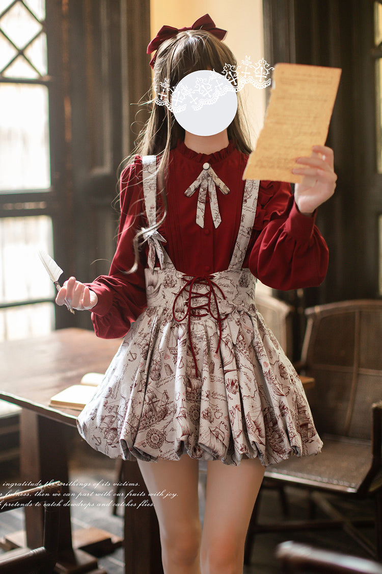 Grey [Elise] Print Ruffle Lace-Up Sweet Lolita Skirt - Grey - 1