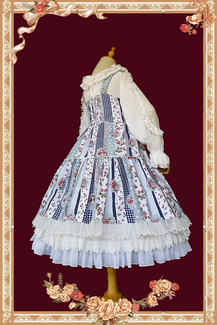 Light Blue Strawberry Plaid Print Bowknot Sleeveless Ruffle Sweet Lolita Dress - Product - 5